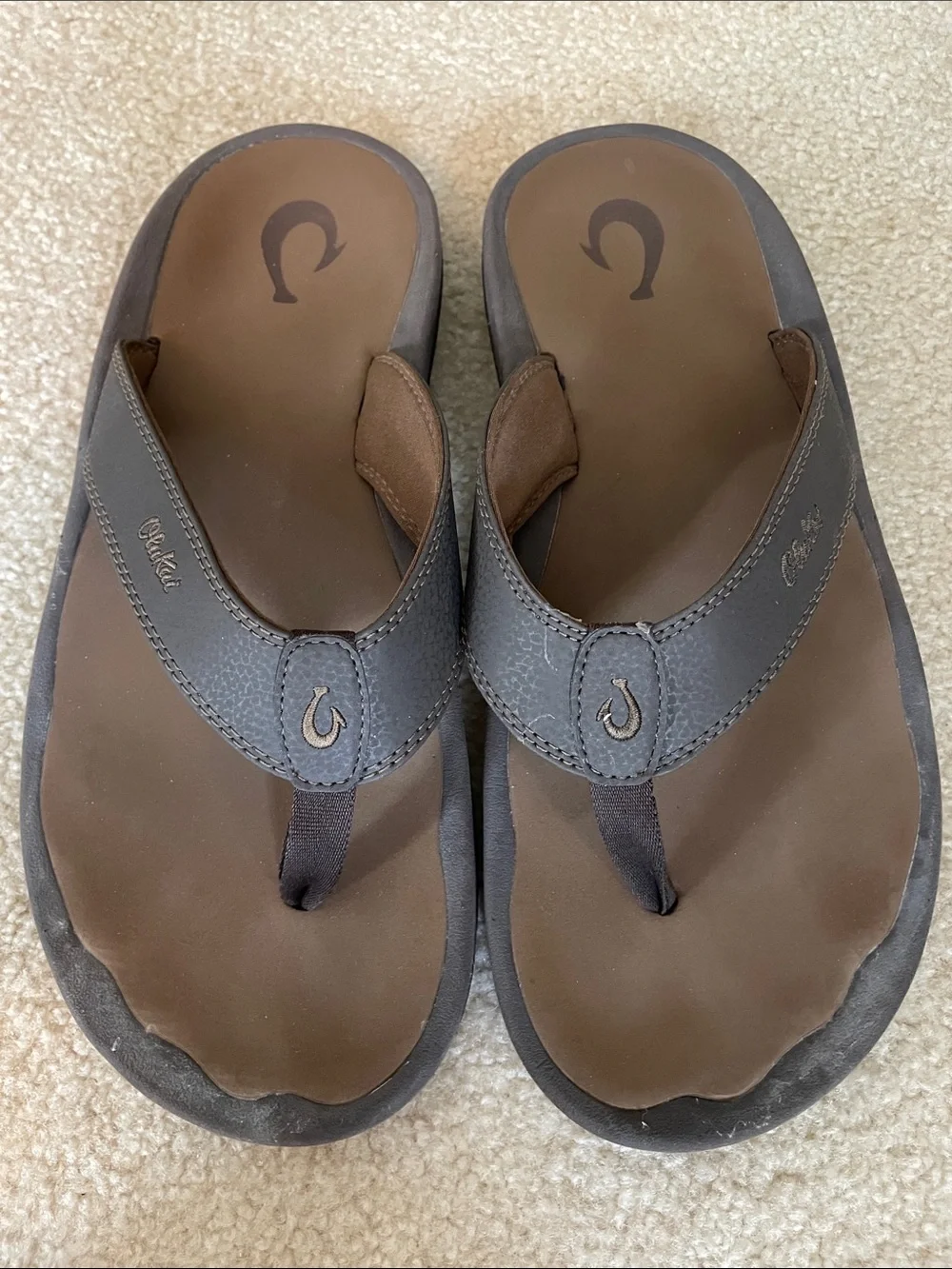 OluKai Brown Footbed with Gray Strap Leather Flip Flops